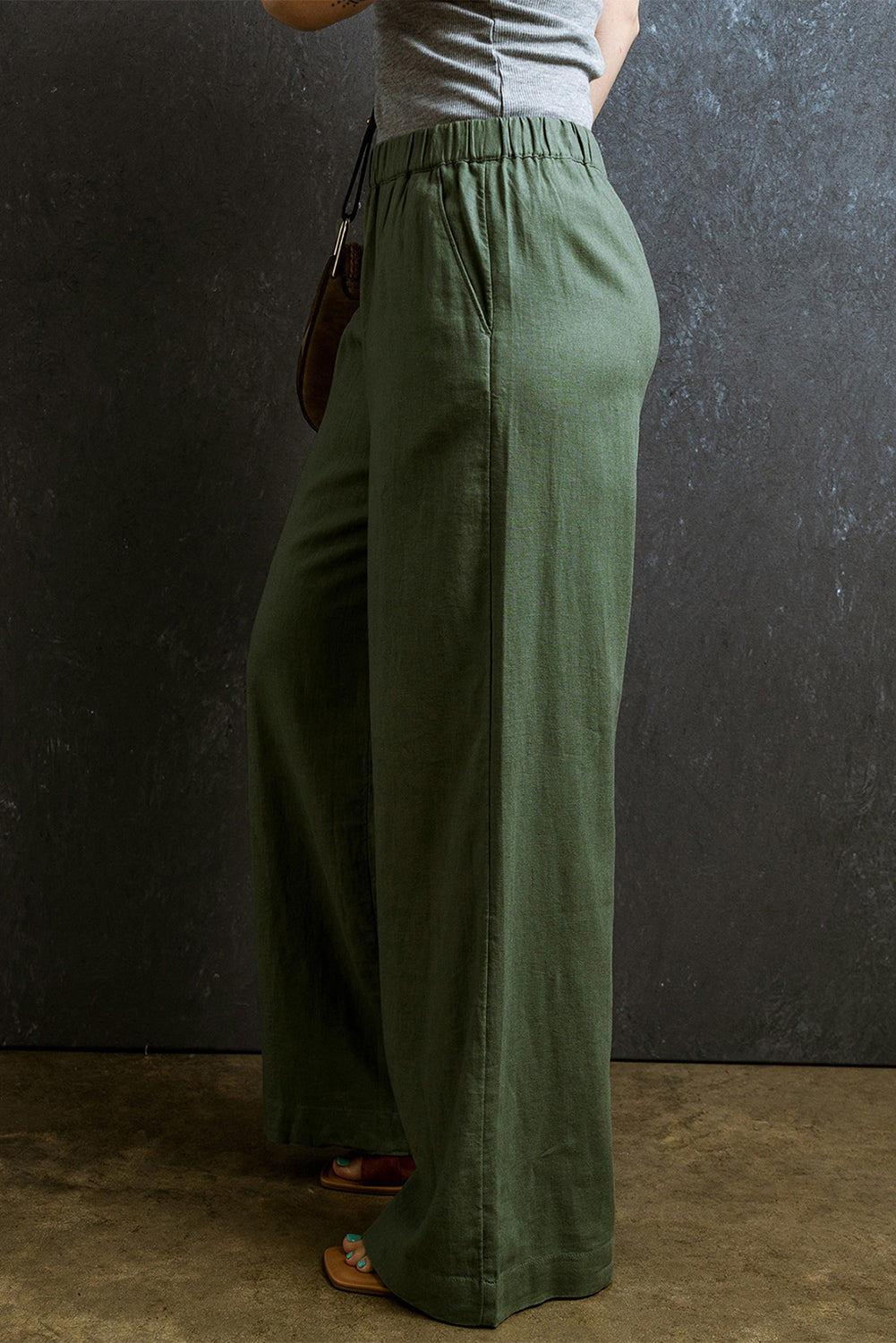 Fern Green Elastic Waist Plain Wide Leg Pants