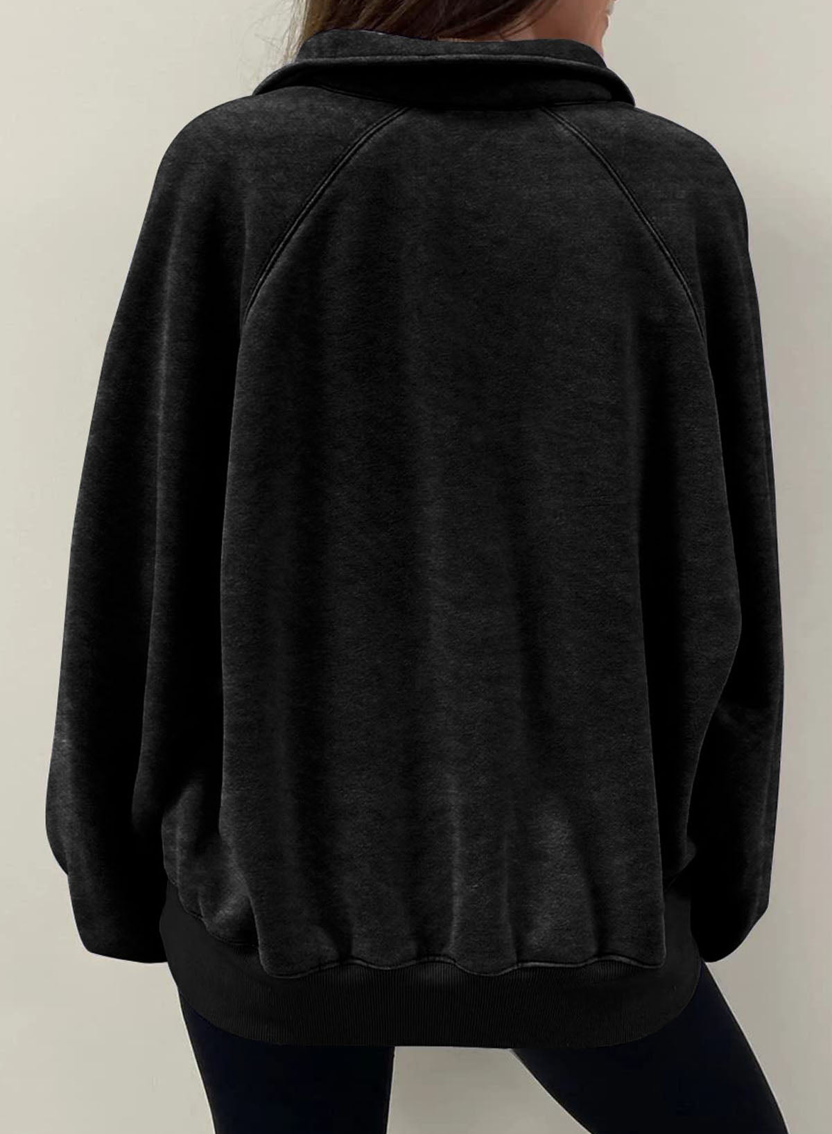 Black Snap Buttons Collared Balloon Sleeve Oversized Sweatshirt