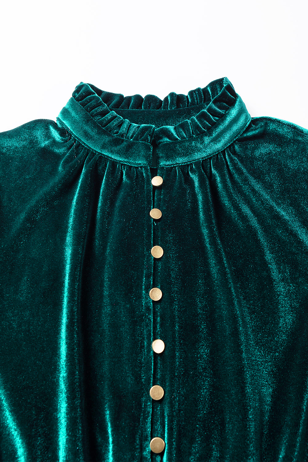 Green Velvet Frill Neckline Buttoned Front Ruffle Mini Dress