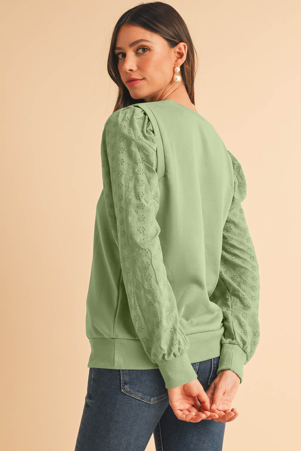 Black Eyelet Embroidered Patchwork Sleeve Ribbed Sweatshirt