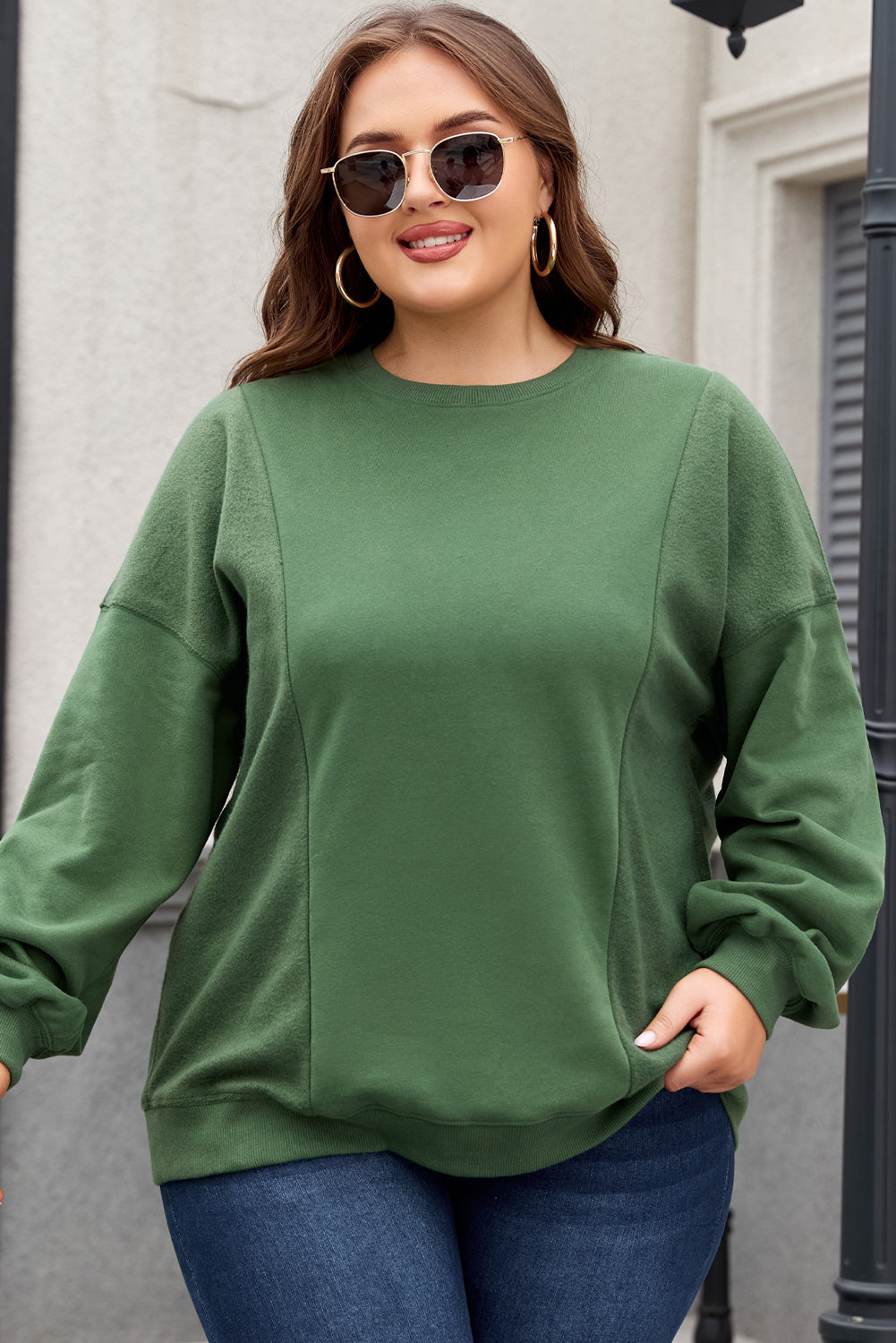 Apricot Loose Patchwork Crewneck Plus Size Sweatshirt