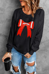 Black Game Day Chenille Bow Patched Drop Shoulder Sweatshirt
