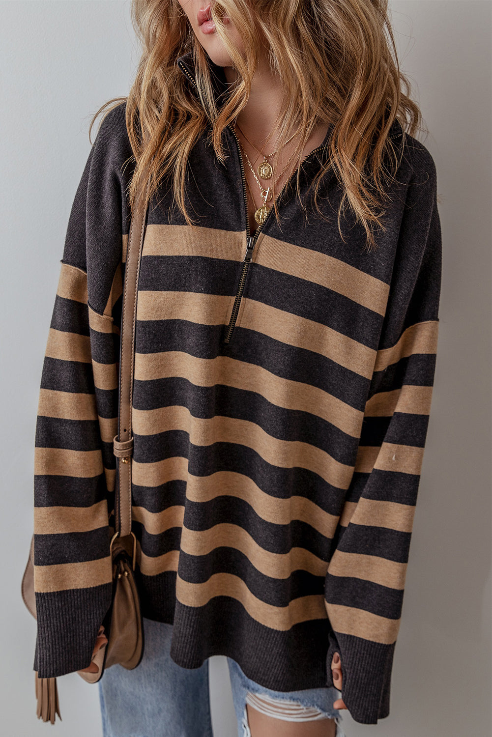 Green Striped Collared Quarter Zip Oversized Sweater