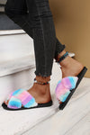 Pink Rainbow Striped Plush Cross Straps Slippers