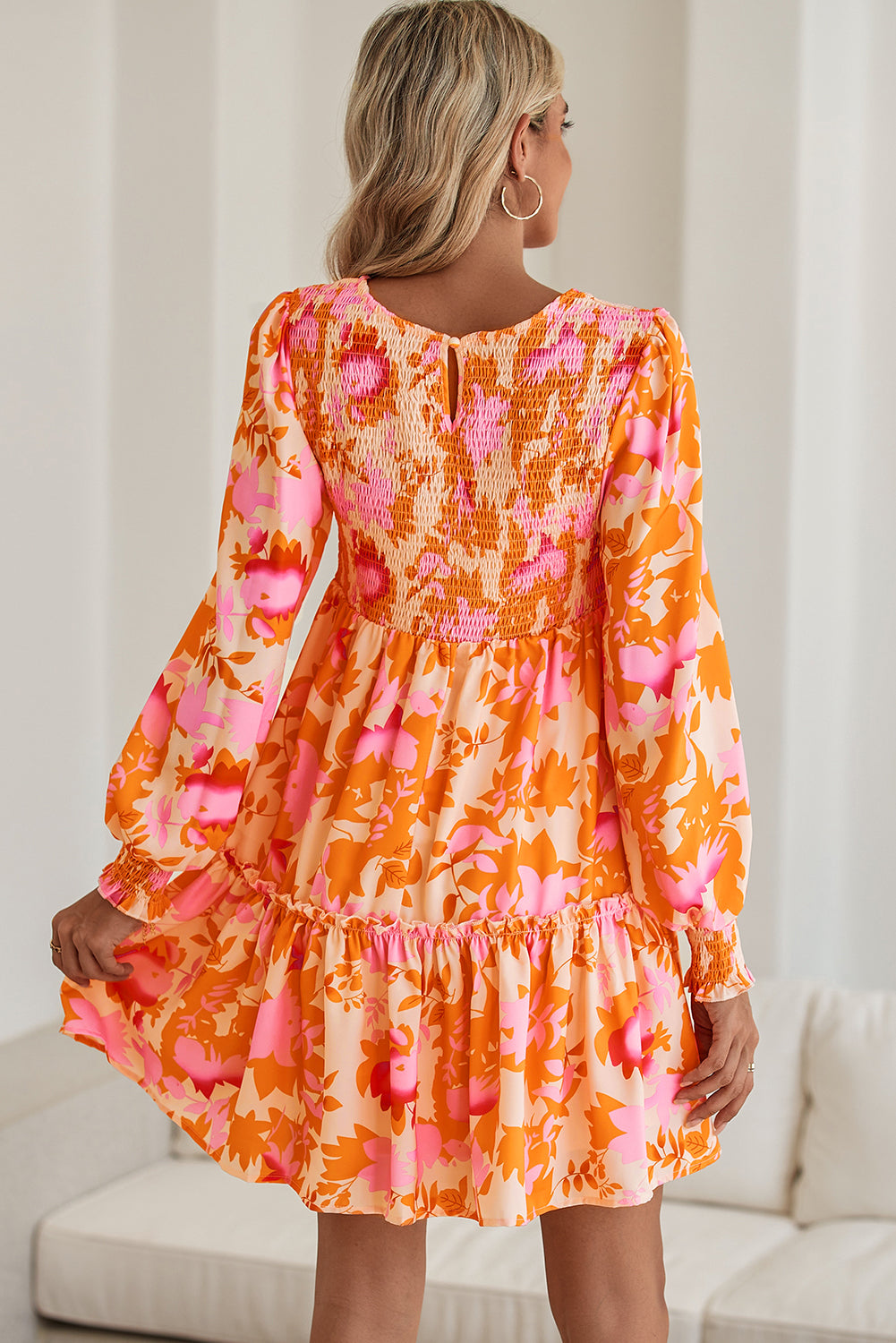 Orange Abstract Print Smocked Bust Lantern Sleeve Ruffle Mini Dress