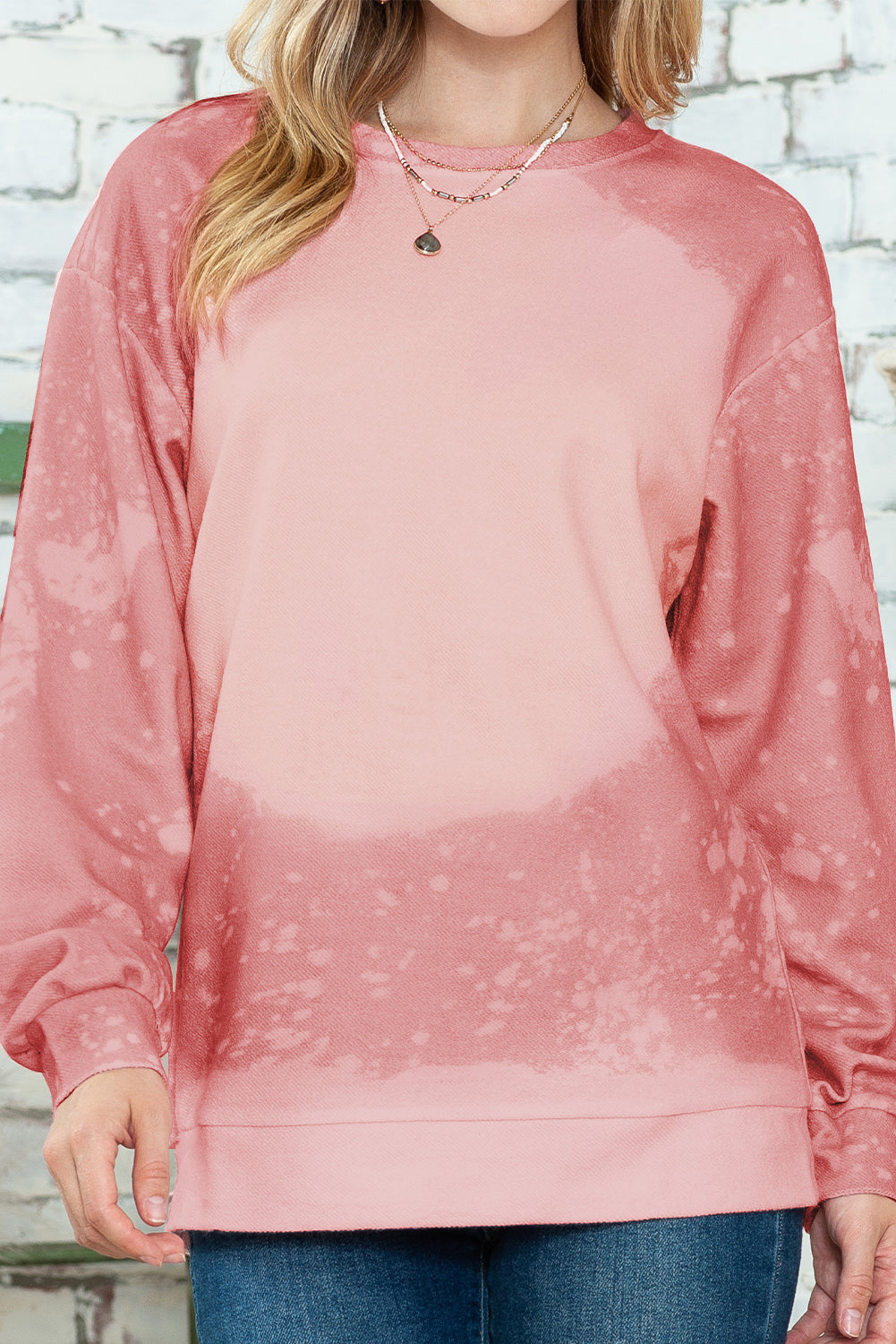 Pink Bleached Round Neck Pullover Sweatshirt