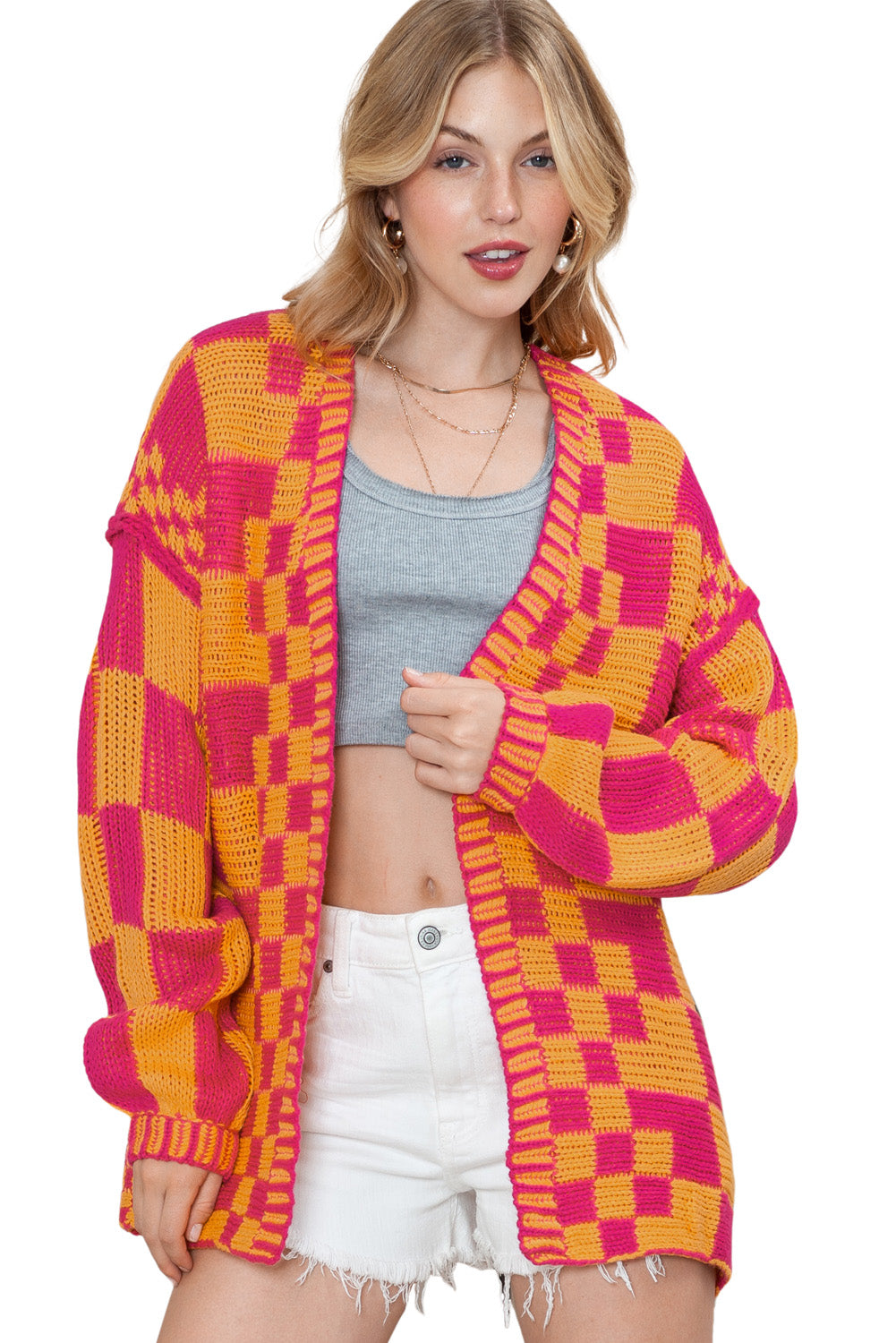 Rose Red Colorblock Checked Open Front Knitted Cardigan