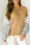 Camel Floral Striped Patchwork Ruffled Sleeve Crew Neck Sweatshirt