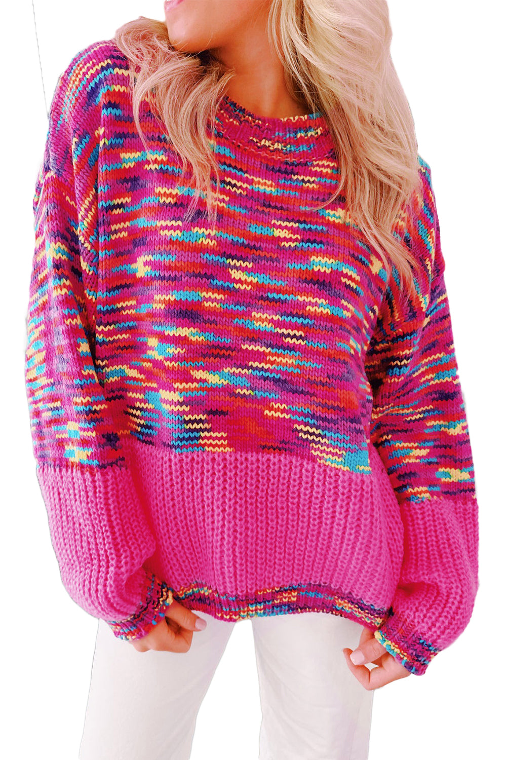 Bright Pink Confetti Drop Shoulder Crewneck Sweater