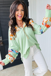 Clearly Aqua Lace Floral Patchwork Hooded Henley Top