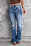 Dark Blue Ripped Raw Hem High Waist Flare Jeans - Cocoa Yacht Club