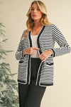 Black Striped Pocketed Button Long Cardigan