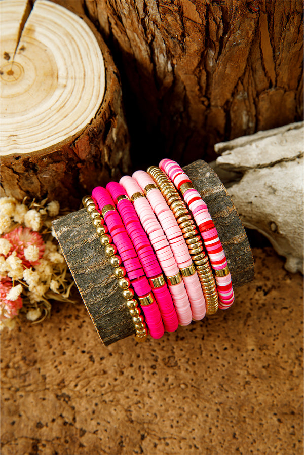 Bright Pink 7pcs Color Block Beaded Bracelet Set