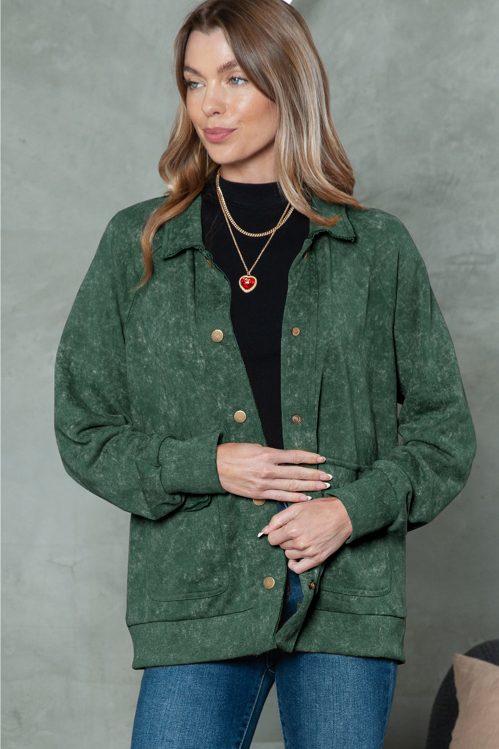 Green Snap Button Casual Flap Pockets Collared Jacket