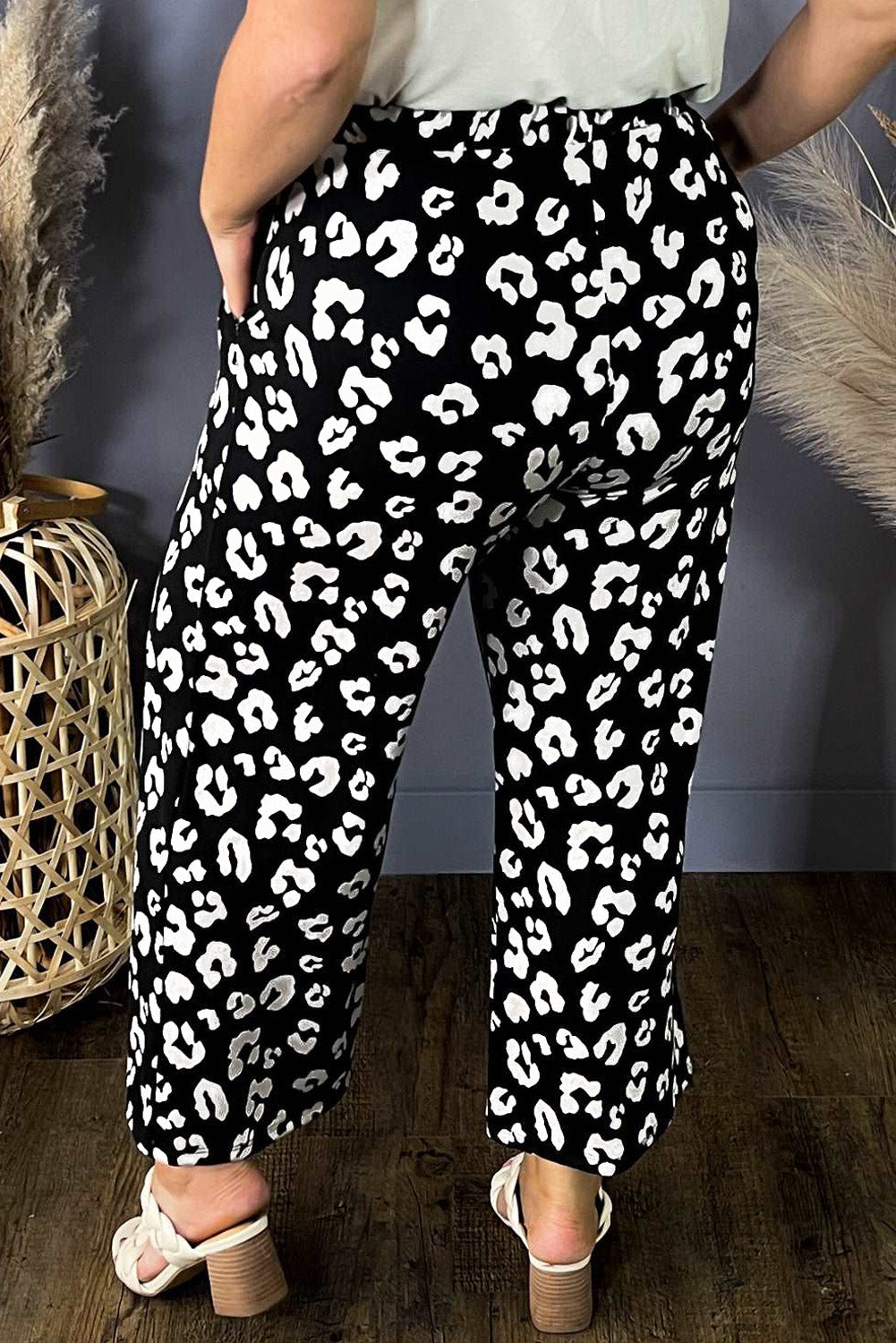 Leopard Print Wide Leg Pockets Plus Size Pants