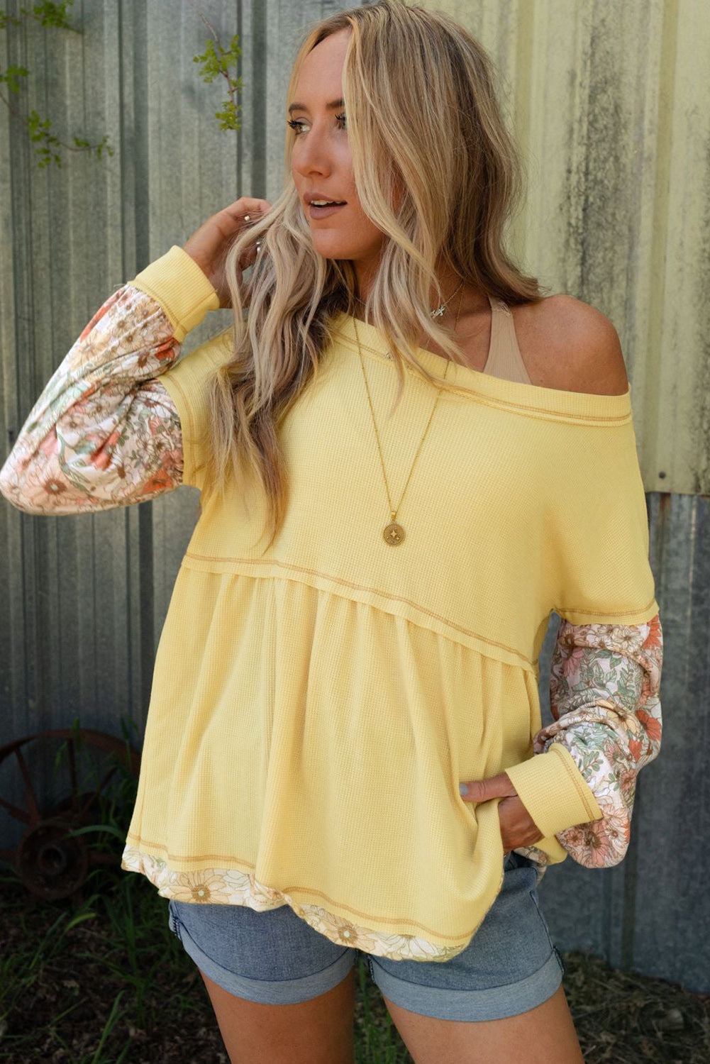 Yellow Floral Patchwork Waffle Knit Babydoll Blouse