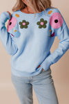 Crochet Flower Round Neck Dropped Shoulder Sweater - Cocoa Yacht Club