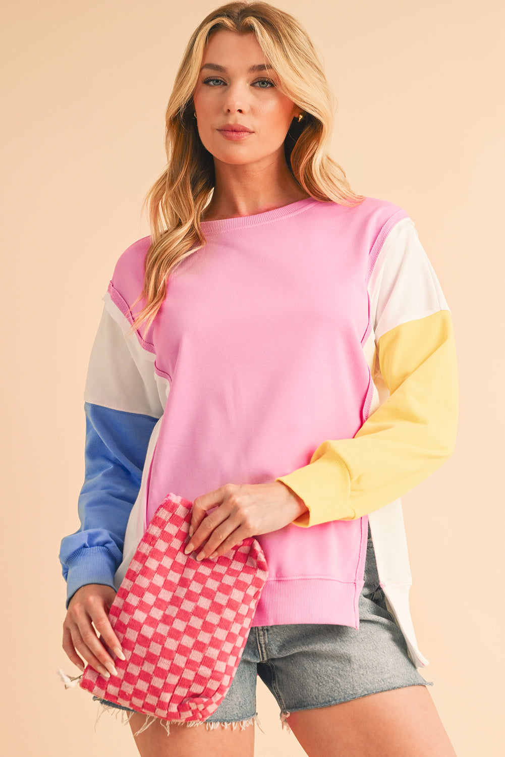 Bonbon Color Block Exposed Seam Patchwork Side Slits Sweatshirt