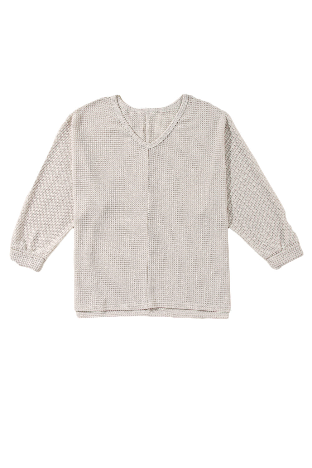 White Waffle Knit Side Slits Loose Fit V Neck Top