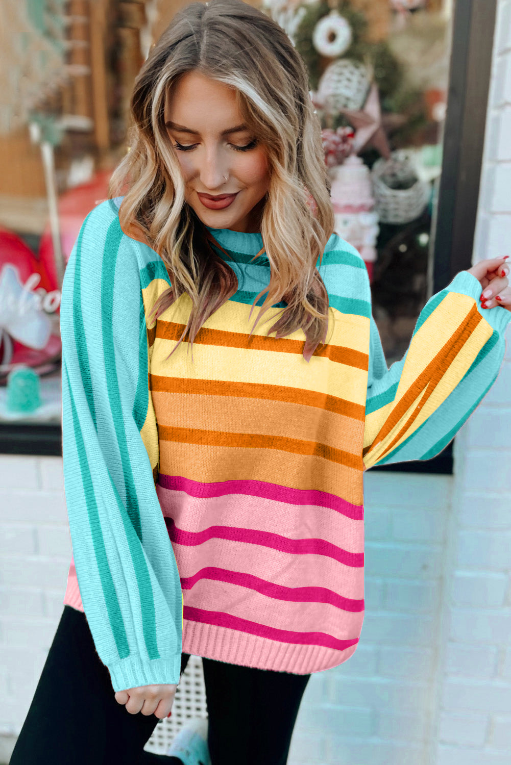 Multicolour Striped Ribbed Edge Gradient Loose Sweater