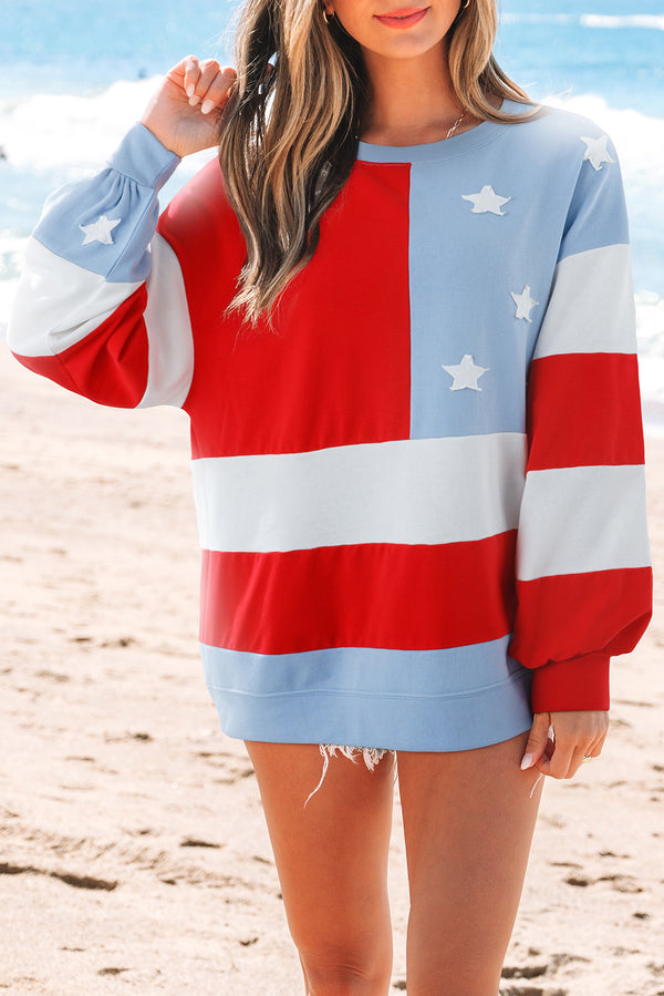 Multicolour American Flag Vintage Colorblock Pullover Sweatshirt