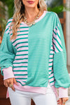 Green Stripe Colorblock Patchwork Side Split Sweatshirt