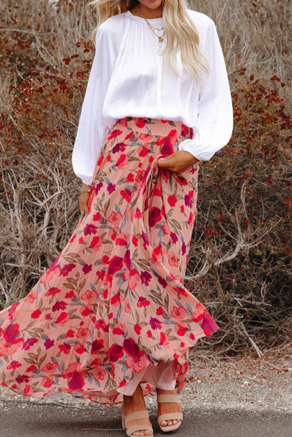 Pink Boho Floral Print High Waist Maxi Skirt