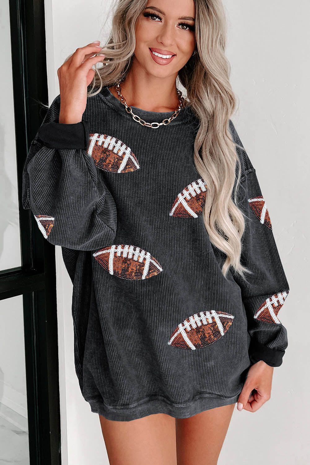 Green Sequin Rugby Graphic Corded Baggy Sweatshirt