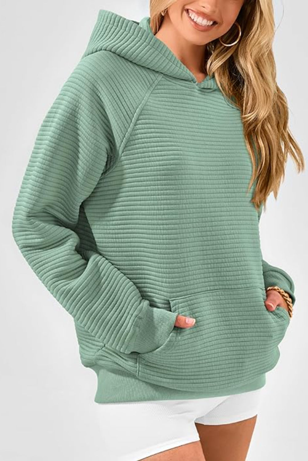 Grass Green Kangaroo Pocket Plain Textured Hoodie