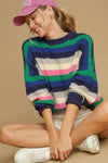 Bright Green Rainbow Striped Round Neck Drop Sleeve Sweater