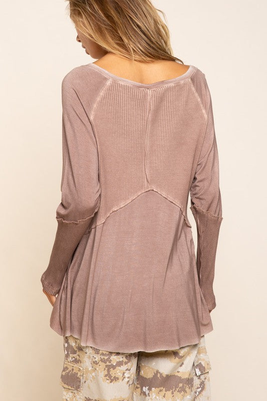 Light Wash Rib Textured Long Sleeve Top