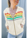 Apricot Colorblock Striped Patchwork Side Pockets Zipper Hoodie