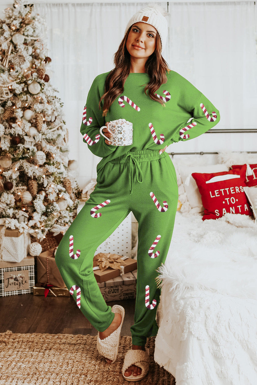 Spinach Green Christmas Candy Cane Graphic Lounge Set