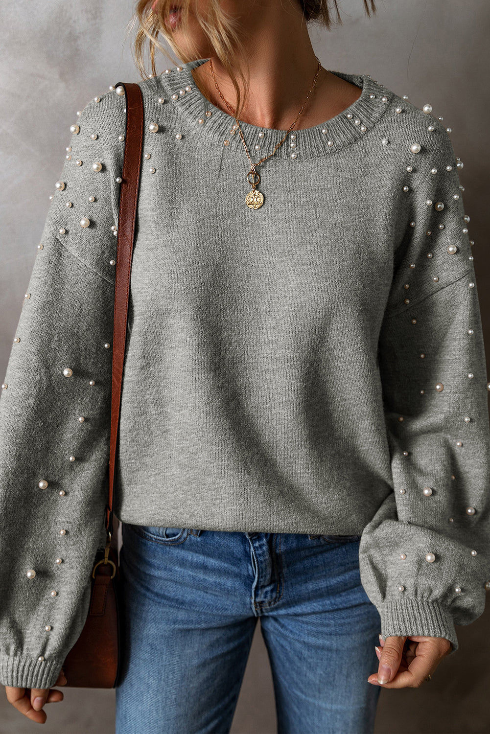 Light Grey Pearl Drop Shoulder Round Neck Sweater