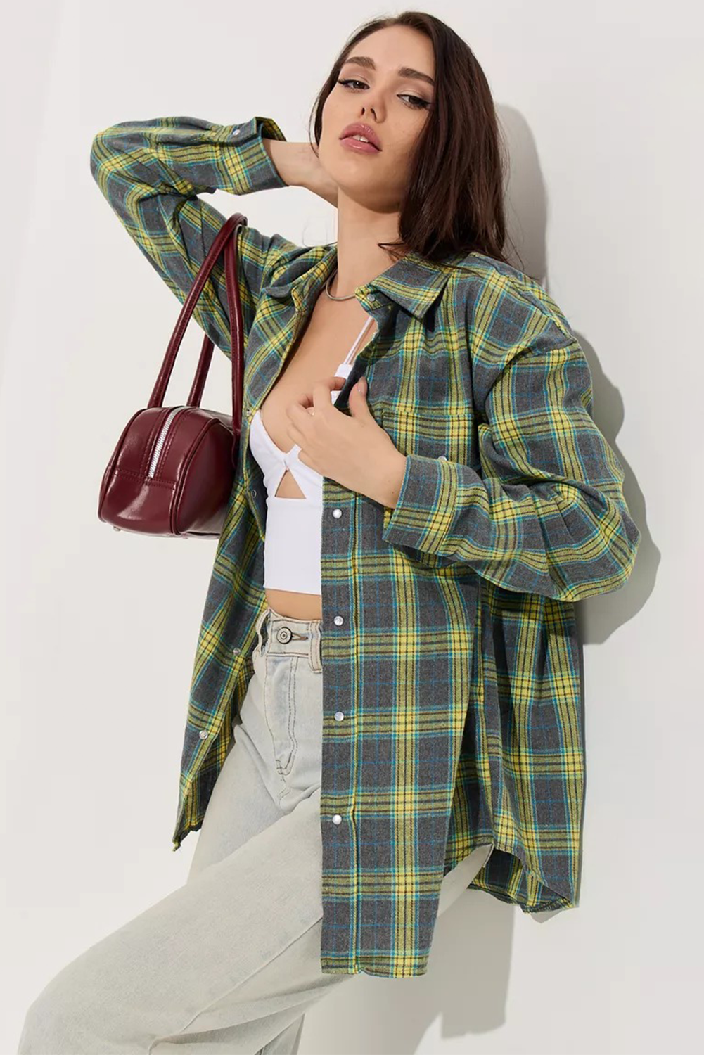 Green Plaid Print Long Sleeve Pocket Shirt