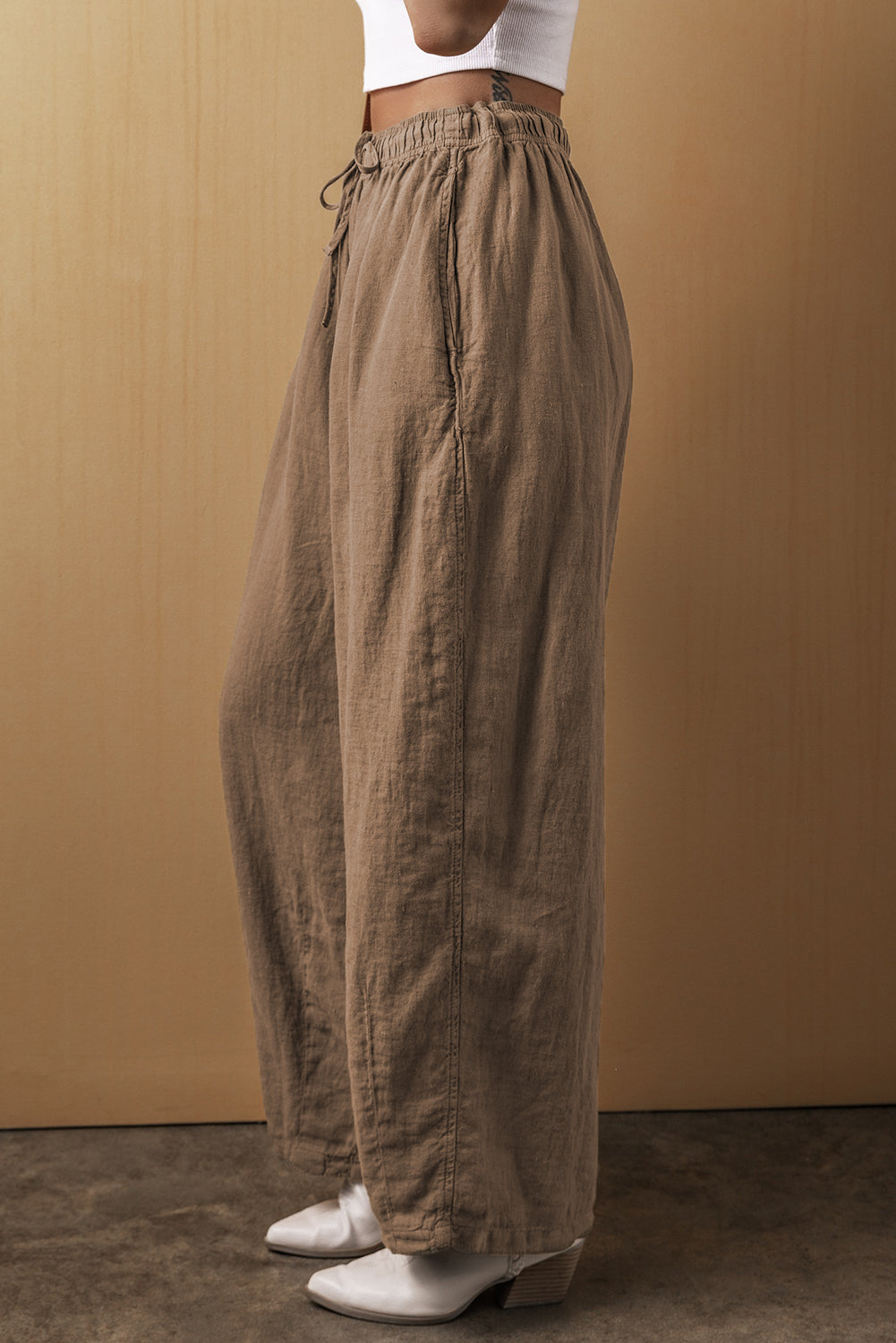 Pants Desert Palm Cotton Linen Drawstring Waist Wide Leg Pants.