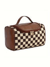 Black Checker Print Leather Zipper Makeup Bag