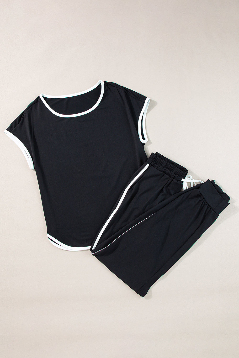 Black Contrast Trim Top & Drawstring Pants Set