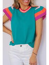 Bright Pink Contrast Sleeve Striped Round Neck Knitted Tee