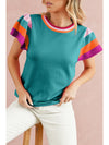 Bright Pink Contrast Sleeve Striped Round Neck Knitted Tee