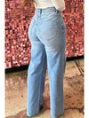 Light Blue Floral Beads Decor High Rise Wide Leg Jeans