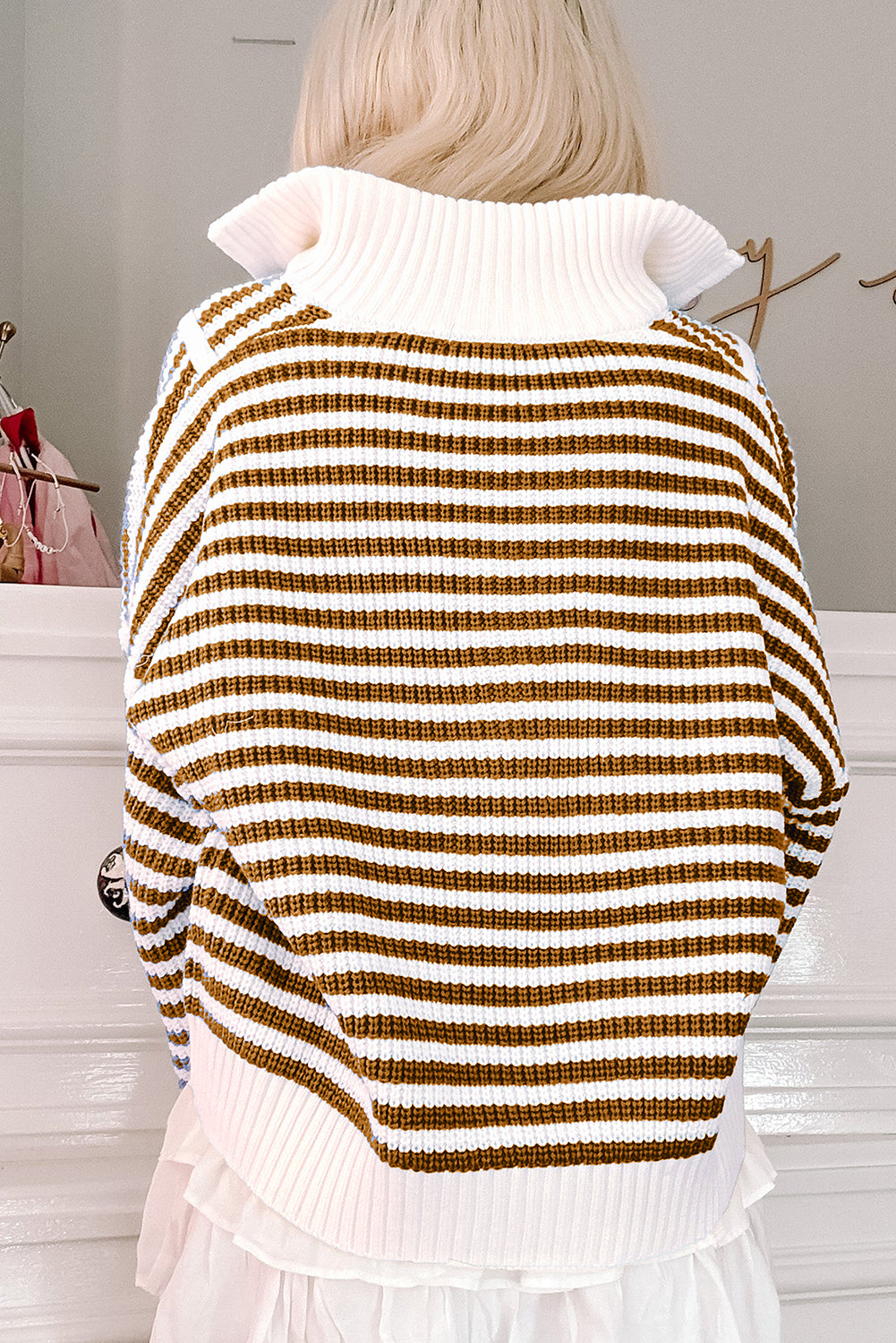 Pink Stripe Zip Up Collar Drop Sleeve Sweater