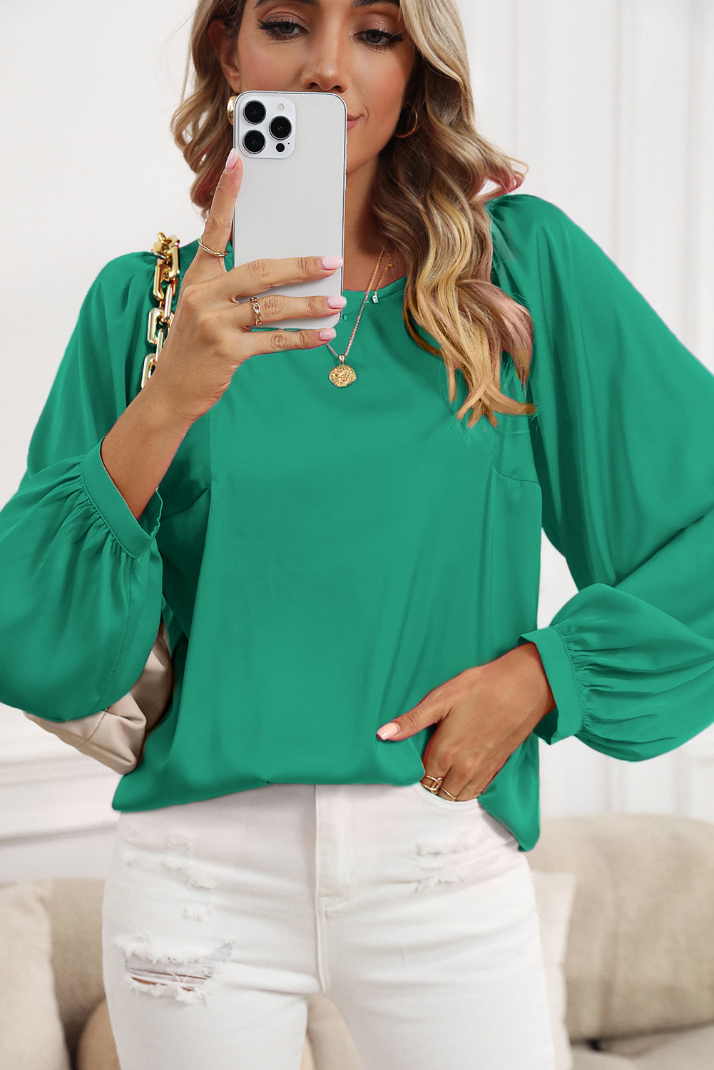 Pink Plain Satin Puff Long Sleeve Crewneck Blouse