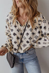 Frill Printed Tie Neck Long Sleeve Blouse - Cocoa Yacht Club