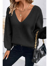 Coffee Lantern Sleeve V Neck Knot Back Sweater