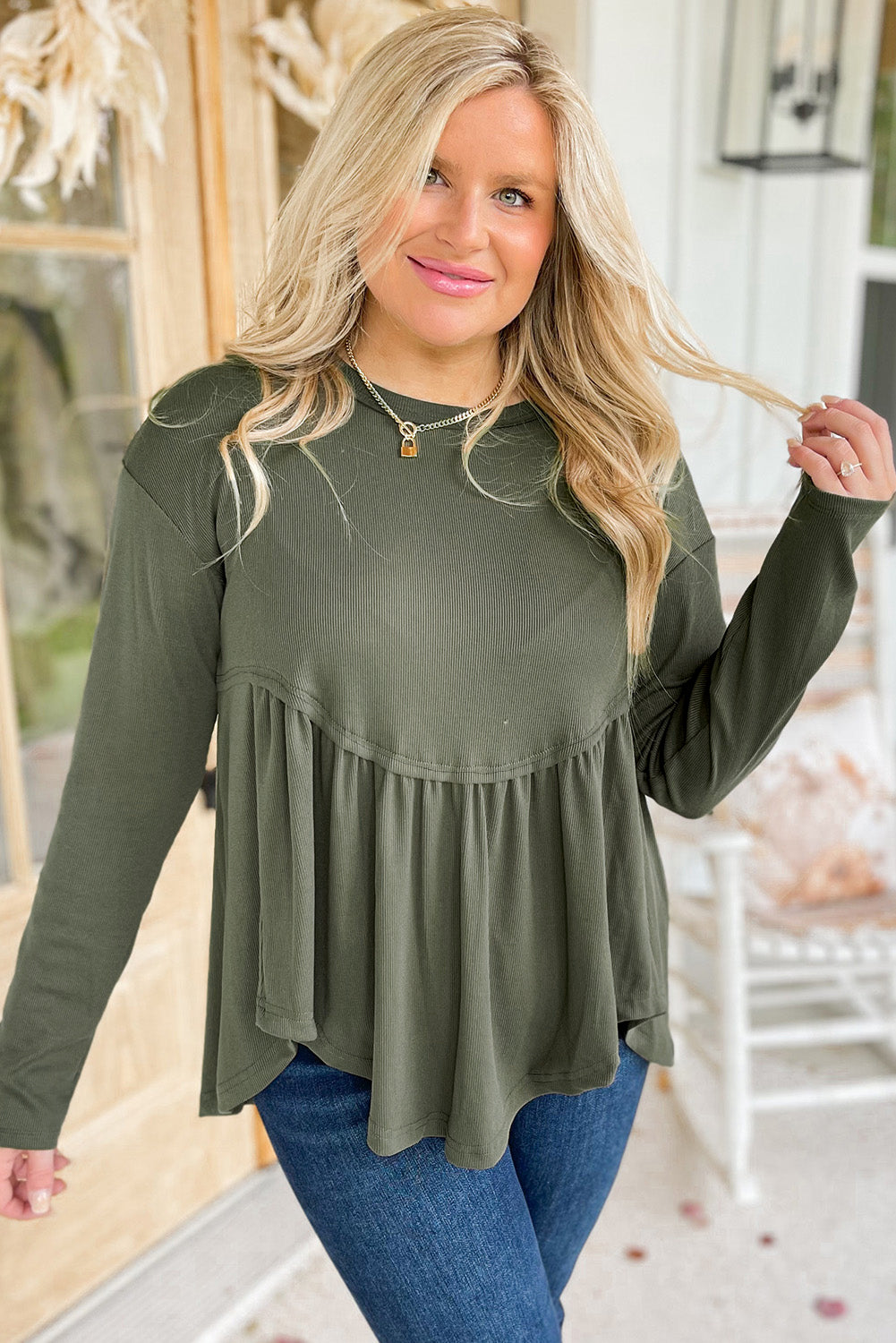 Mist Green Plus Size Thermal Knitted Babydoll Flare Top