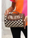 Black Checker Print Leather Zipper Makeup Bag