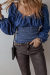 Dark Blue Smocked Ruffle Puff Sleeve V Neck Denim Top