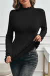 Black Knit Fleece Lined Lettuce Edge Slim Fit Top