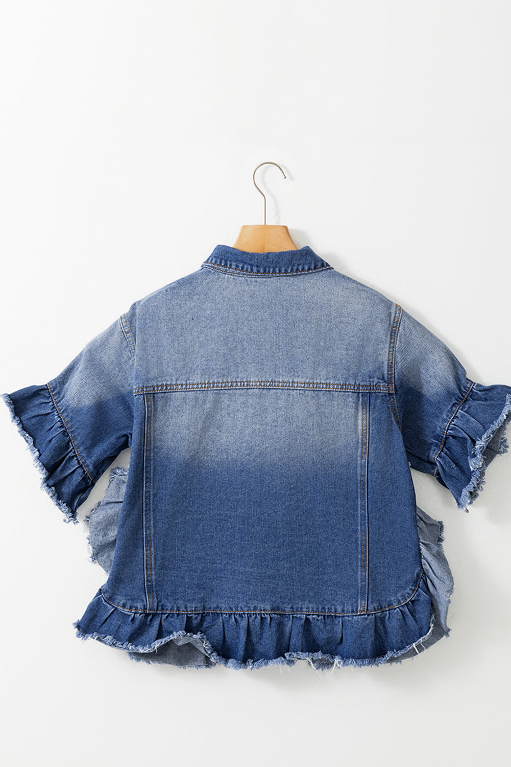 Peacock Blue Ruffle Frayed Hem Short Sleeve Plus Size Denim Jacket